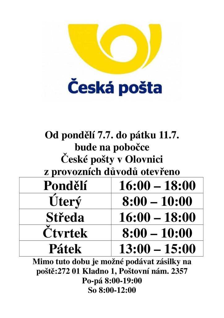 Vážení občané, v příloze naleznete otevírací dobu pošty v týdnu od 7.7.2025 do 11.7.2025