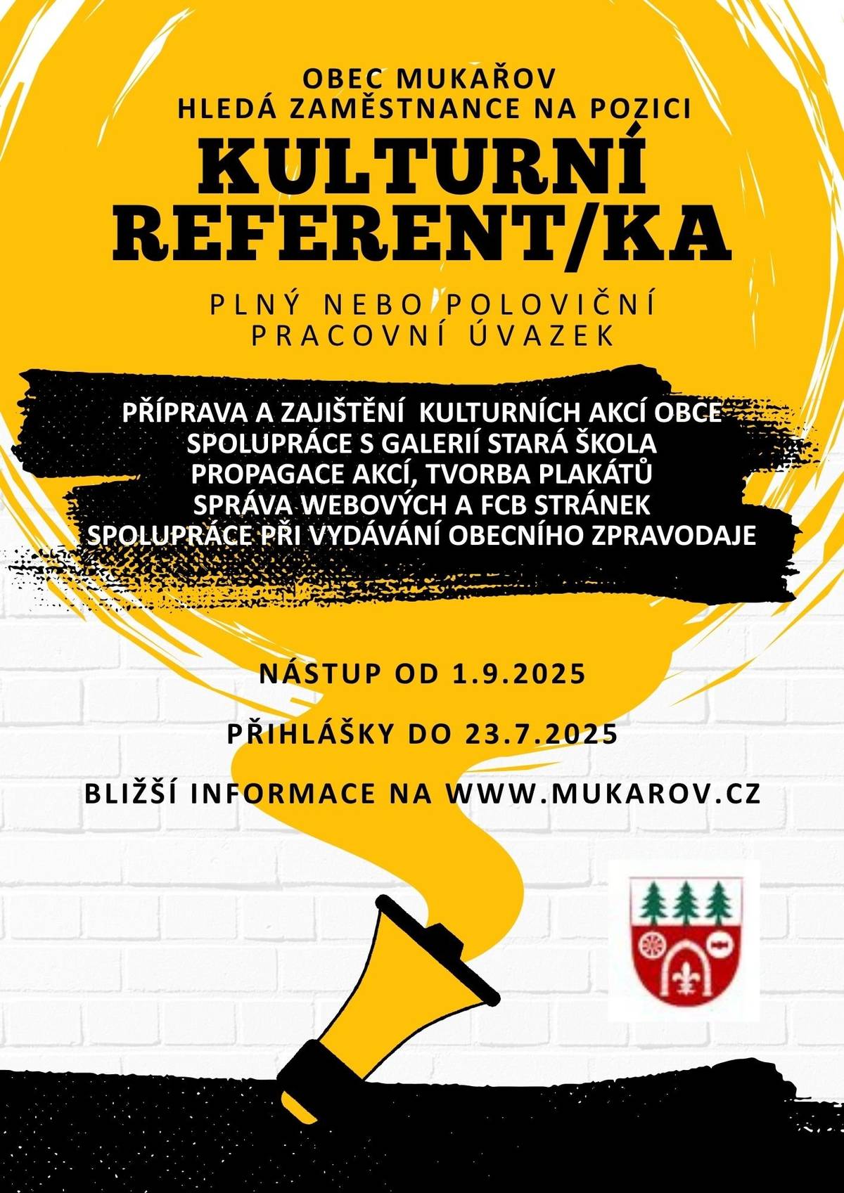 Obec Mukařov hledá pracovníka na pozici kulturní referent/ka.  Nabízíme zajímavou a pestrou práci v příjemném kolektivu, 9. platovou třídu, osobní ohodnocení.  Nástup od 1.9.2025 více na: Obec Mukařov hledá kulturní referentku | Mukařov