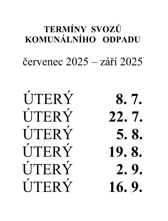 Termíny svozů komunálního odpadu pro období červenec - záři 2025.