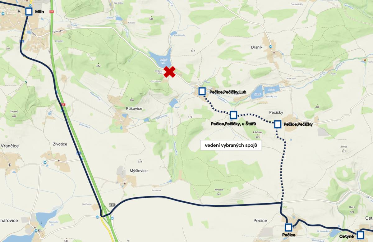 Od pondělí 7. července 2025 dochází na cca týden vlivem uzavírky mezi Milínem a Pečičkami k omezení linky PID 480 Příbram – Klučenice.    Linka PID 480 je odkloněna mimo dotčený úsek po komunikaci podél dálnice D4. Vybrané spoje posléze tvoří obsluhu místní části Luh a Pečiček.