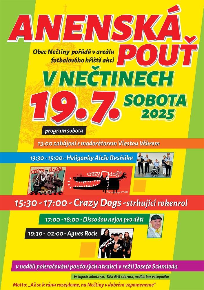 Srdečně zveme na tradiční Anenskou pouť, která se uskuteční v sobotu 19. července 2025 od 13:00 hodin ve sportovním areálu.