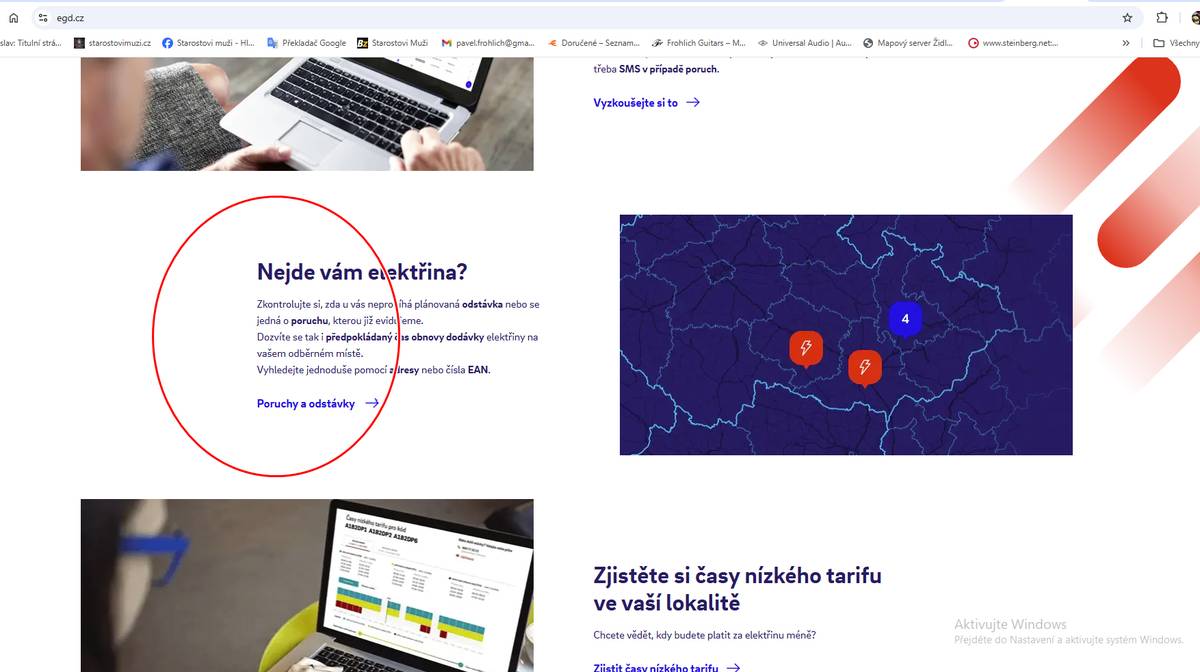 .. asi to znáte a více možná v posledních letech výrazných bouřek a běsnění, když zase nejde elektřina a mrazák je plný, nebo mám rozpracovaný dokument v PC bez záložního zdroje apod.  .... .... alespoň mít ty informace co se bude dít .... Jde jen o vteřinový výpadek, nebo je to zase na celý den, anebo bezproudí u nás, nebo v celé obci??  ... tak nějak nám to všem v hlavě šrotuje..., no a někteří z nás, tedy pokud doržíme postup níže, během několika vteřin víme o co gou. A jak na to i ve vašem případě? Je to jednoduché. Zpravidla při bezproudí můžete sice vzít mobil a volat starostovi jestli neví co se zase děje. Je to taky cesta a varianta, nicméně starosta má stejný problém jako vy a postupuje spíš podle rychlejší varianty - kontaktuje  přímo distributora přes net což je v našem případě EGD - viz opdkaz níže. Návod je ve jednoduchý a v pouhých třech krocích: 1. vezmu mobil/internet prohlížeč a vepíšu https://www.egd.cz/ a prokliknu - "bezproudí" viz obr. 1 2. prokliknu "aktuální poruchy" - viz obr č. 2 3. vepíšu svou ulici a obec- viz obr č. 3 a případně za 4. pokud chci zjistit zda-li funguje sousední ulice nebo obec apod. napíšu si tam hledanou ulici (pokud ji znám) a obec (pokud ji znám) ........ a vidím porucha, aha také zravidla proč vznikla a též a velmi důležité "kdy bude dodávka do sítě znovu obnovena!!" přeji co nejméně poruch a max info o nich starosta