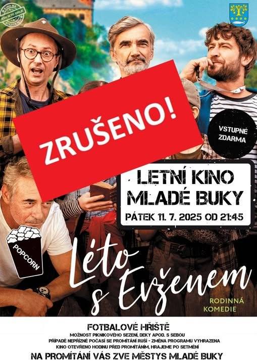 Z důvodu špatně předpovědi počasí na dnešní večer rušíme dnešní promítání. Děkujeme za pochopení. Náhradní termín je SOBOTA 19.7.2025 OD 21:45 FOTBALOVÉ HŘIŠTĚ MLADÉ BUKY
