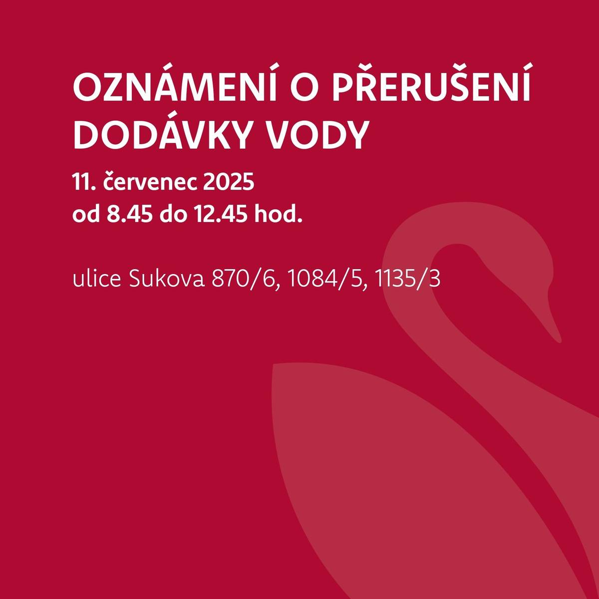 Oznamujeme vám, že z důvodu provozní havárie na vodovodním zařízení došlo, nebo může dojít, k přerušení dodávky pitné vody.   Rumburk, ulice Sukova 870/6, 1084/5, 1135/3   Více informací zde.