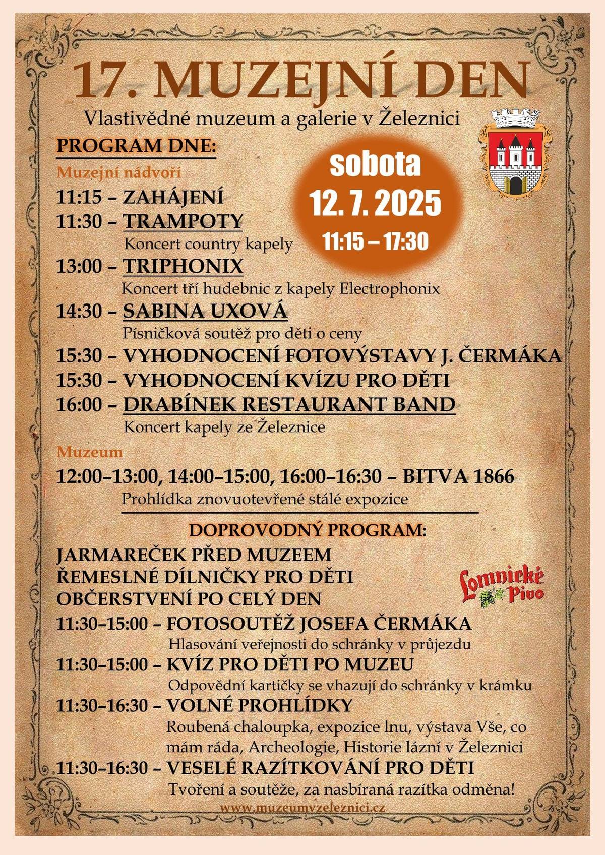 Srdečně vás zveme do Vlastivědného muzea a galerie v Železnici na 17. ročník MUZEJNÍHO DNE, a to v sobotu 12. července od 11:15 do cca 17:30 hodin. Připraven je bohatý program pro malé i dospělé návštěvníky. Ačkoliv není předpověď počasí právě příznivá, přijďte, těšíme se na vás. Prodej občerstvení zajištěn.  Podrobněji o programu na plakátě.  Muzeum (výstava, roubenka ad.) je v sobotu otevřeno od 11:30 do 16:30 hodin, komentované prohlídky neprobíhají!