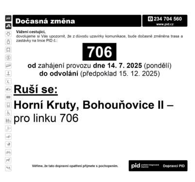 Vážení občané, z důvodu uzavírek komunikací dochází od pondělí 14.7.2025 k následujícím omezením na linkách PID:  dochází k zahájení 1. etapy výstavby kanalizace v místní části Bohouňovice II obce Horní Kruty mající vliv na provoz linky PID 706, která z důvodu nemožnosti otáčení kloubových vozidel nebude po dobu uzavírky do místní části zajíždět  od středy 16.7.2025:dochází z zahájení uzavírky ulice Žižkova v Kolíně mající vliv na provoz linek PID 487,681,705,706    Jízdní řády autobusových linek naleznete na webu https://pid.cz/ v sekci jízdní řády.