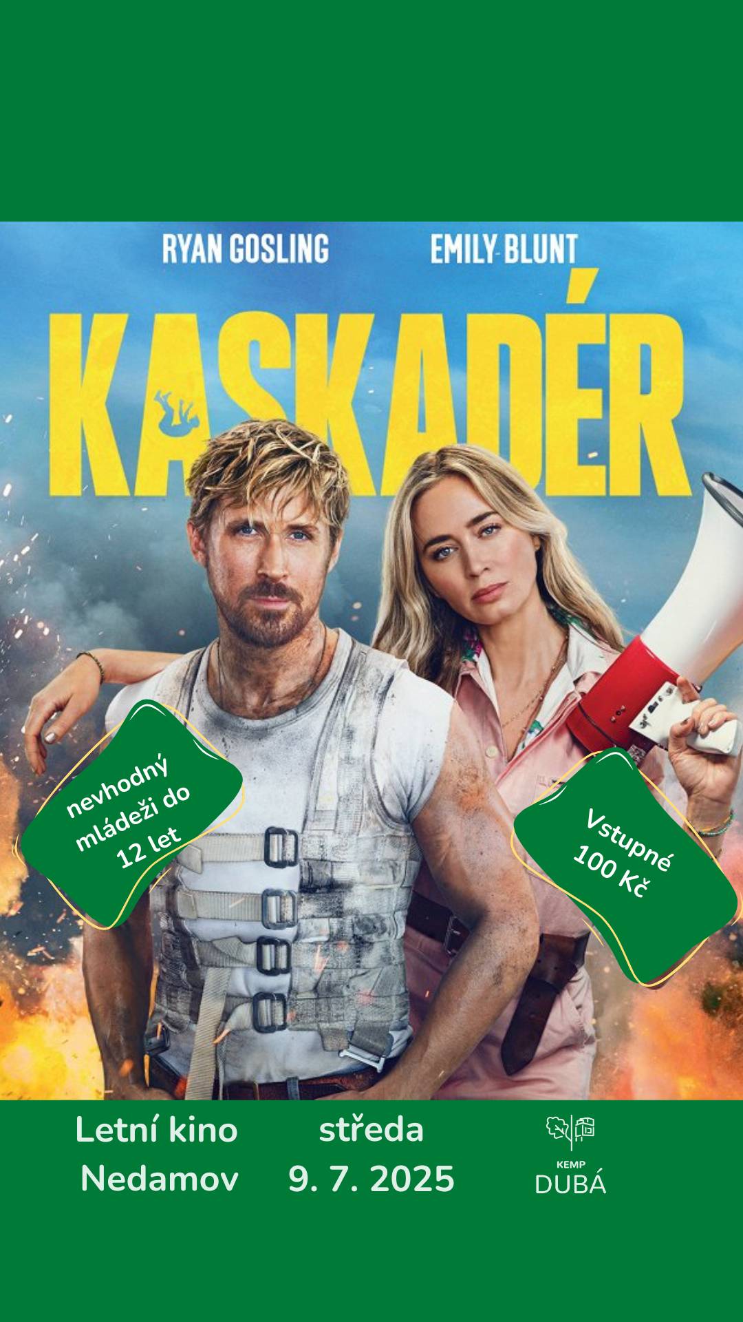 středa 9. července 2025 USA 2024; Akční / Komedie / Romantický nevhodný mládeži do 12 let vstupné 100 Kč začátek po setmění délka cca 126 minut Kaskadér Colt Seavers býval hvězdou svého oboru, dokud se při jedné obzvlášť náročné akční scéně cosi nepokazilo. Následkem nekontrolovaného pádu z velké výšky skončil Colt s pošramoceným tělem i egem. Rozhodl se dát filmovému průmyslu definitivní sbohem, a dokonce kvůli tomu dal kopačky krásné a nadějné režisérce Jody. Režie: David Leitch; Hrají: Ryan Gosling, Emily Blunt, Aaron Taylor-Johnson, Hannah Waddingham