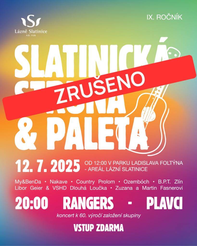 S politováním oznamujeme zrušení akce Slatinická struna & paleta kvůli nepříznivé předpovědi počasí. Děkujeme za pochopení a těšíme se na další setkání.
