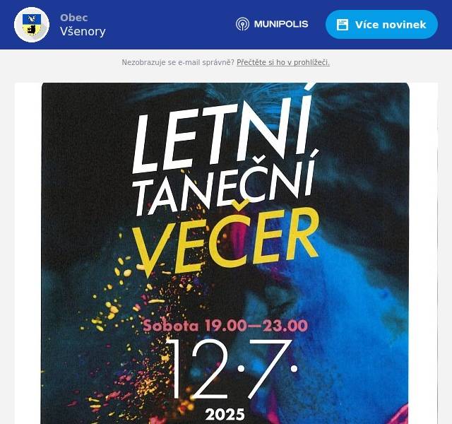 Dobrý den, zveme Vás na Letní taneční večer, který se koná tuto sobotu 12.7. v KD Všenory.  Začátek v 19 hodin. Přijďte si zatančit, nebo jen tak posedět při příjemných melodijích skupiny KARAVAN. Vstupné je 100 Kč, vstupenky zakoupíte ve Všenorské knihovně, nebo přímo na místě. Přejeme příjemnou zábavu