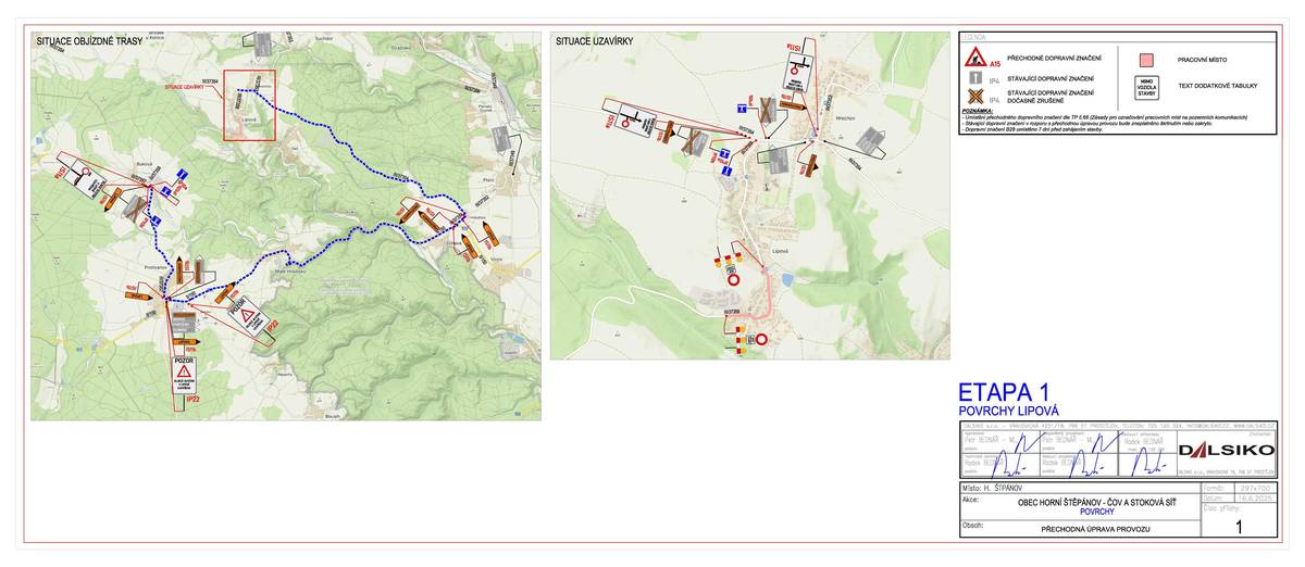 Ve dnech 21. 7. – 24. 7. 2025 dojde v obci Lipová a její části Hrochov k dočasným dopravním omezením z důvodu pokládky povrchů v rámci stavby „H. Štěpánov, Lipová, Hrochov – Kanalizace a ČOV“. Omezení budou probíhat ve dvou etapách: Etapa 1 – Lipová 🗓 Termín: 21. 7. – 22. 7. 2025 📍 Dotčené komunikace: silnice III/37354, III/37356 a další v katastru obce Lipová 🔁 Objízdné trasy: vyznačeny dopravním značením v terénu Etapa 2 – Hrochov 🗓 Termín: 23. 7. – 24. 7. 2025 📍 Dotčené komunikace: místní komunikace v části Hrochov, silnice III/37357, III/37358 aj. 🔁 Objízdné trasy: vedeny přes Suchdol, Stražisko a Horní Štěpánov Děkujeme za pochopení a trpělivost. V případě dotazů se obracejte na obecní úřad Lipová.