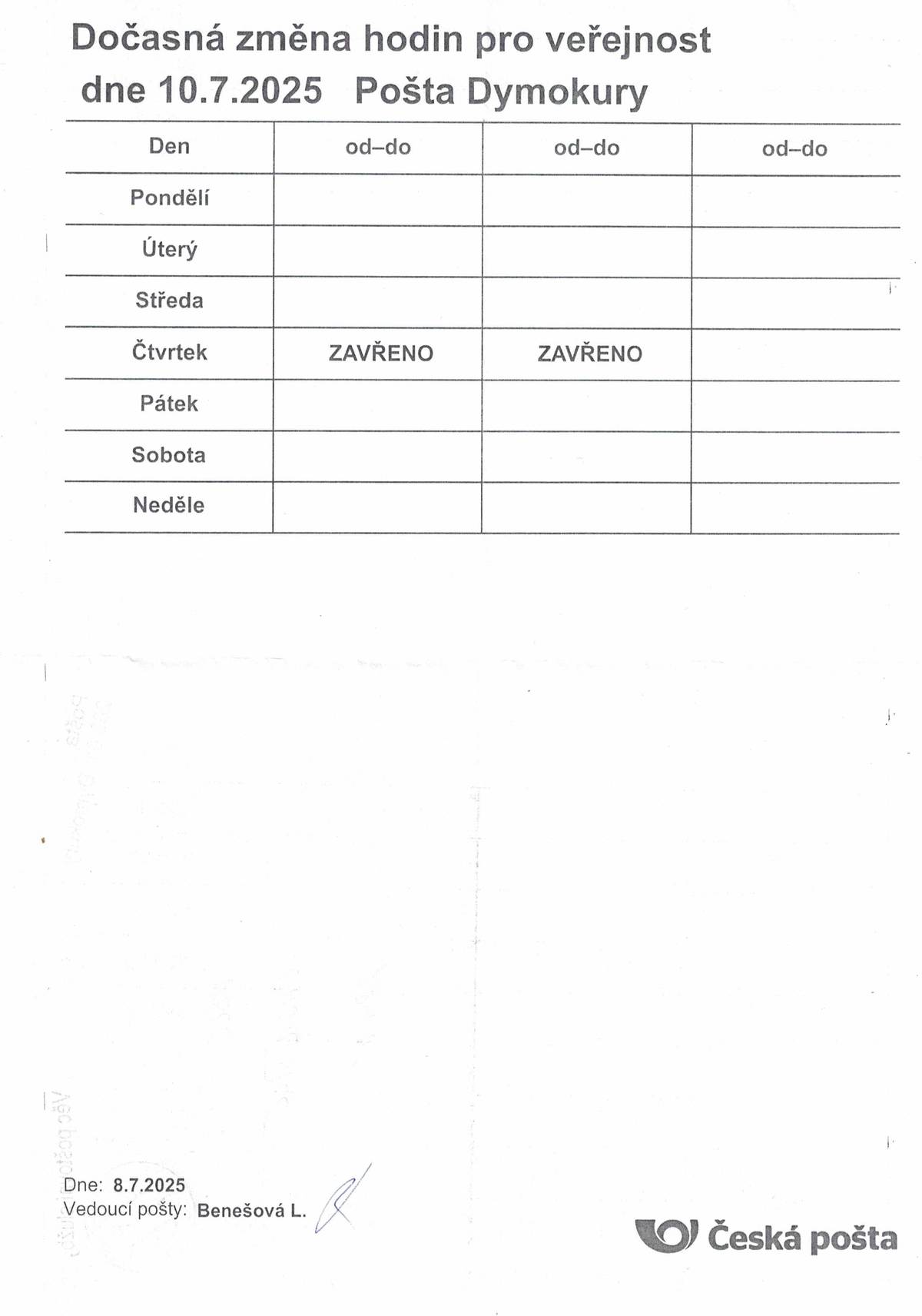 Ve čtvrtek 10. 7. 2025 bude pošta v Dymokurech uzavřena.
