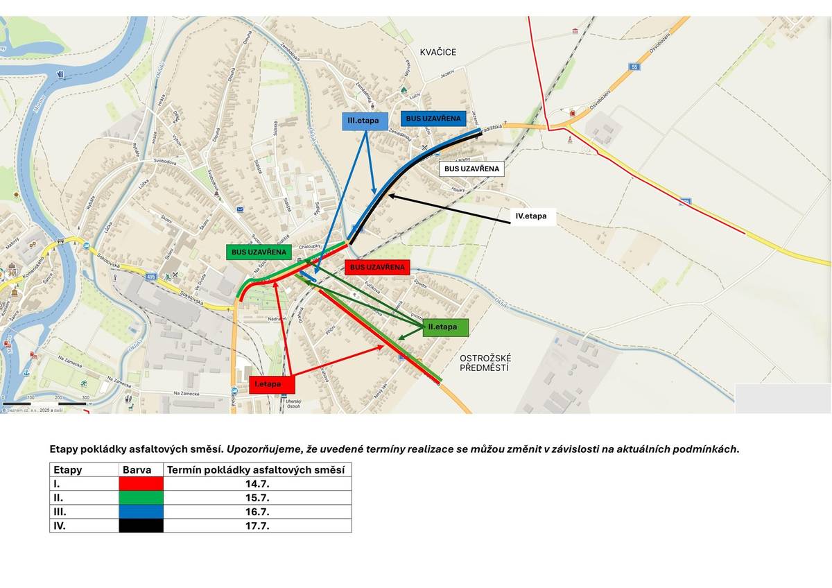 Informujeme občany, že v termínu od 14. 7. - 17. 7. 2025 budou probíhat pokládky asfaltových směsí dle přiloženého harmonogramu. Upozorňujeme, že v době pokládky nebudou obslouženy autobusové zastávky nacházející se v místě aktuální pokládky - je nutné využít nejbližší možnou zastávku.