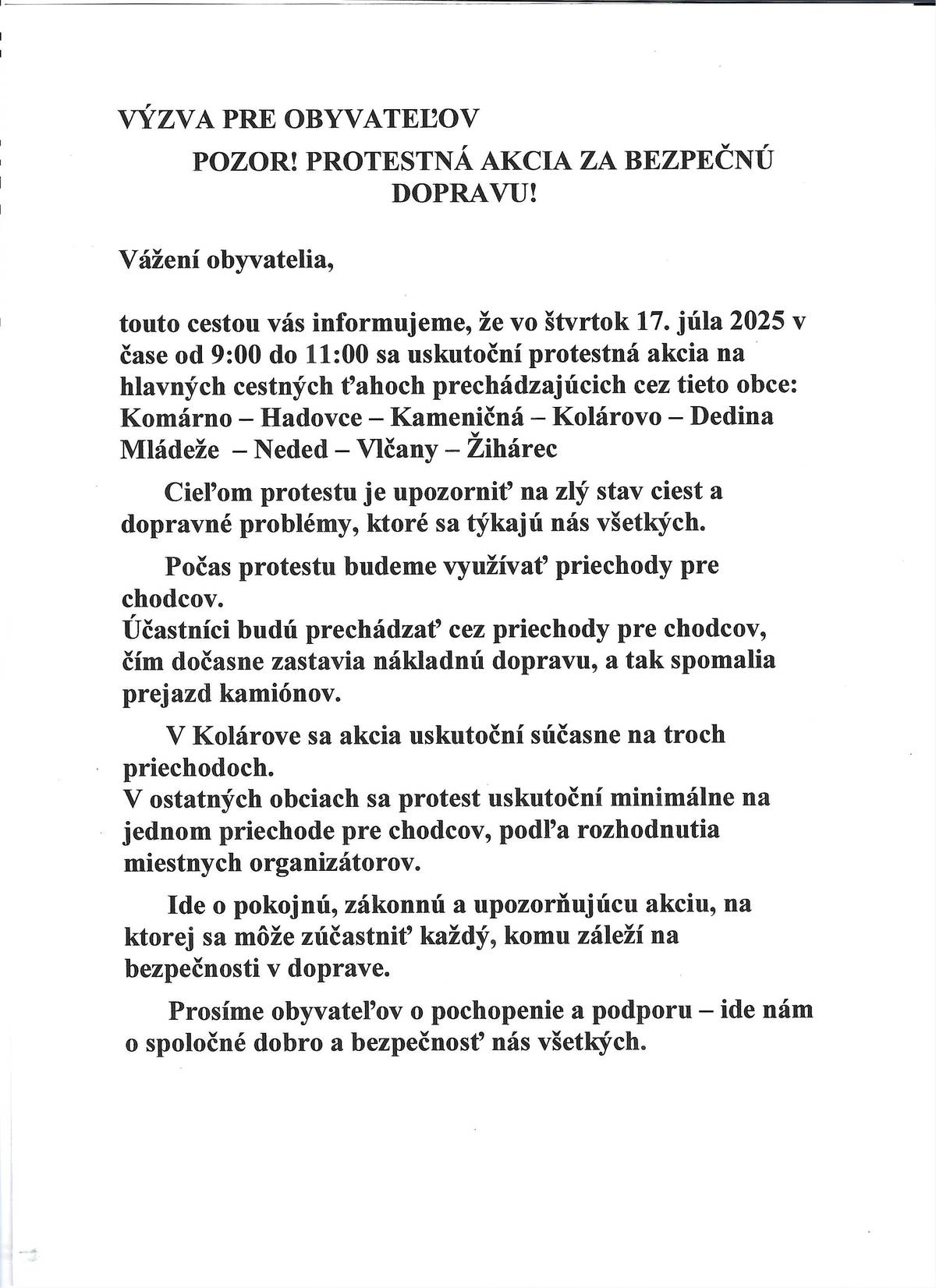 Protestná akcia za bezpečnú dopravu