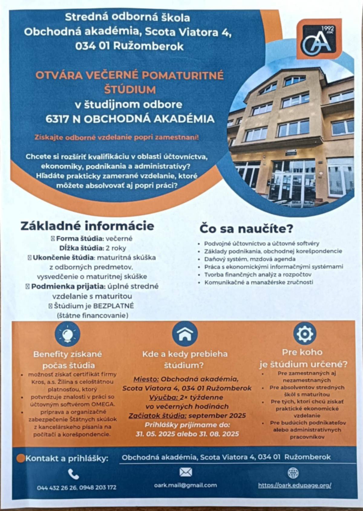 Obchodná akadémia Ružomberok otvára večerné pomaturitné štúdium zakončené maturitnou skúškou.