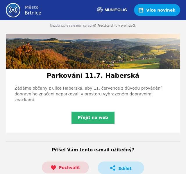 Žádáme občany z ulice Haberská, aby 11. července z důvodu provádění dopravního značení neparkovali v prostoru vyhrazeném dopravními značkami.