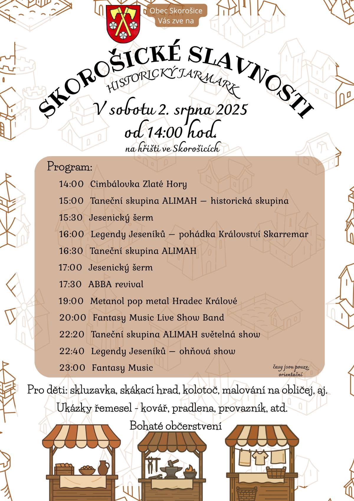 Vážení občané, zveme Vás na tradiční SKOROŠICKÉ SLAVNOSTI, které se konají v sobotu 2. srpna 2025 od 14:00 hod. na hřišti ve Skorošicích. Bohatý kulturní program pro děti i dospělé, ukázky řemesel, hudba, občerstvení ... Všichni jste srdečně vítáni