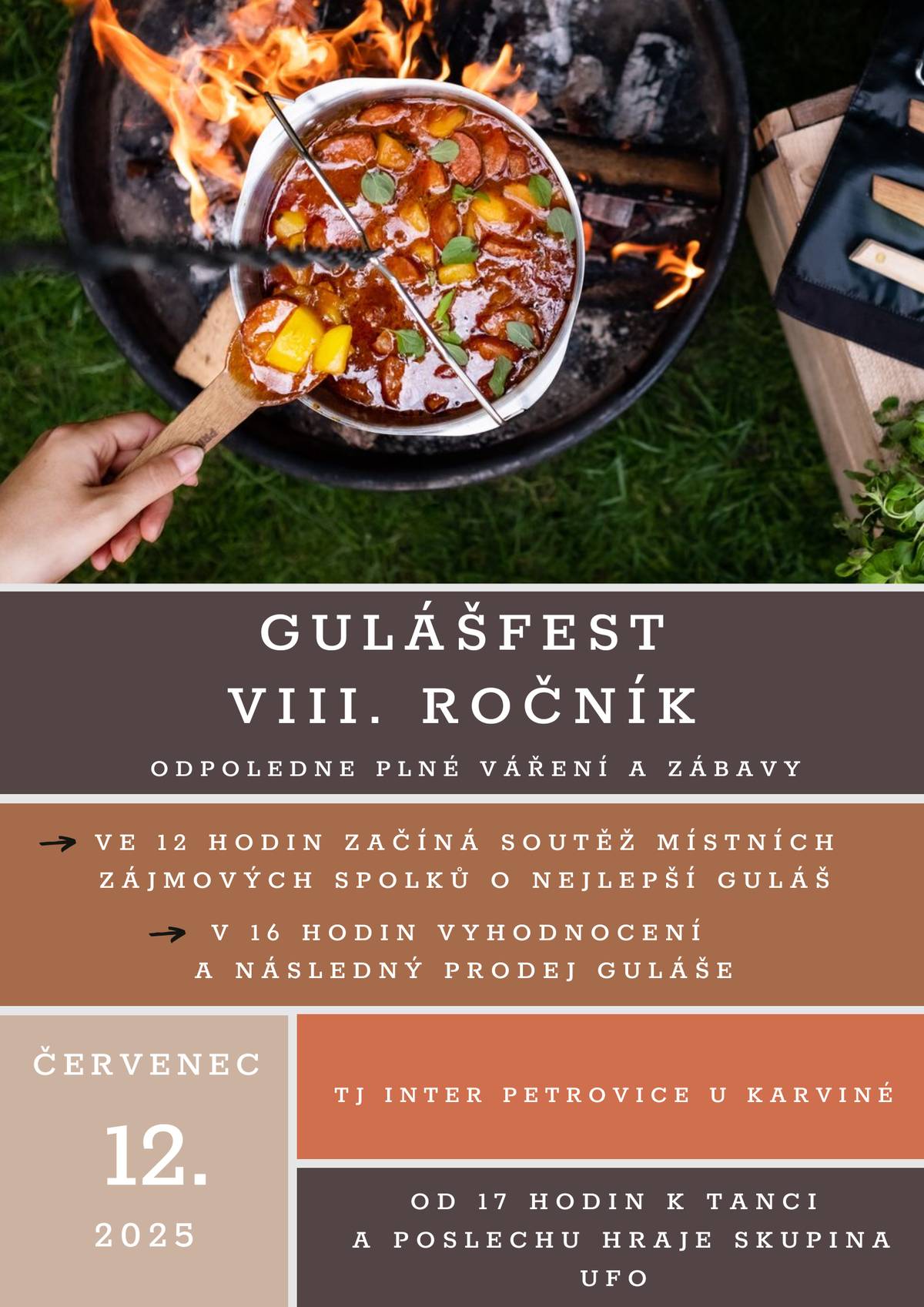 🍲 Vůně guláše, dobrá nálada a hudba – co víc si přát? Přijďte si užít odpoledne plné zábavy, vůní a chutí na GULÁŠFEST v Petrovicích u Karviné! 📅 12. července 2025 📍 TJ Inter Petrovice 👉 12:00 – Začíná soutěž místních spolků o NEJLEPŠÍ GULÁŠ 👉 16:00 – Vyhlášení vítězů a PRODEJ GULÁŠE! 🎶 Od 17:00 – k tanci a poslechu hraje kapela UFO 🧑🍳 Přijďte fandit, ochutnávat a bavit se! Skvělá atmosféra zaručena! 📸 Sdílejte, pozvěte přátele a udělejte si místo v kalendáři!