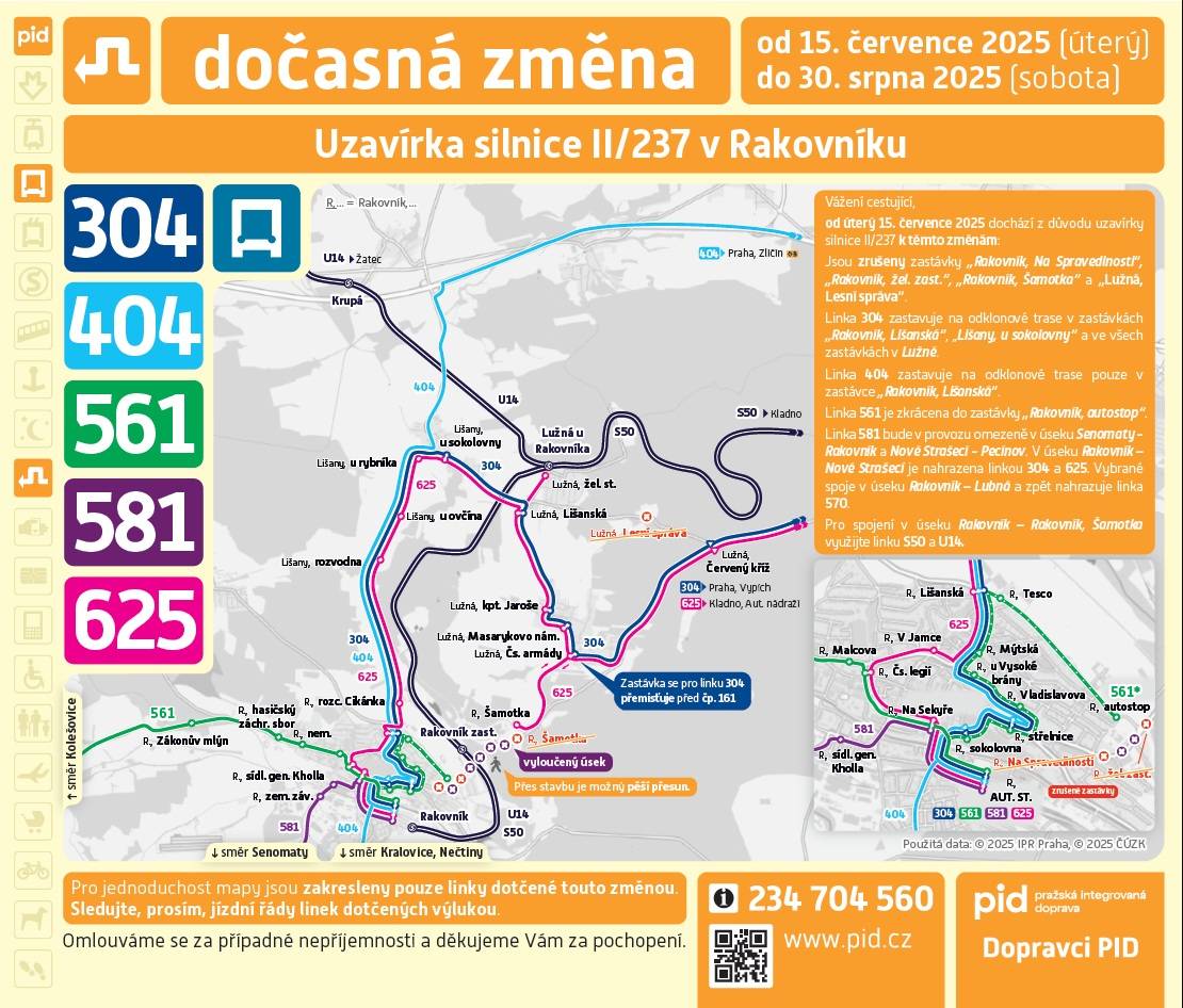 Od úterý 15. července 2025 dochází k dočasným změnám v jízdních řádech z důvodu uzavírky silnice II/237. Dotčeny budou linky 304, 404, 561 581 a 625.
