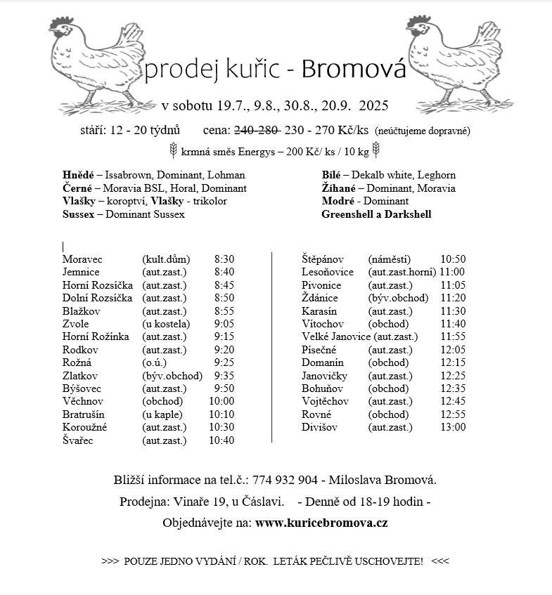 Informace o prodeji kuřic na Horní Rožínce
