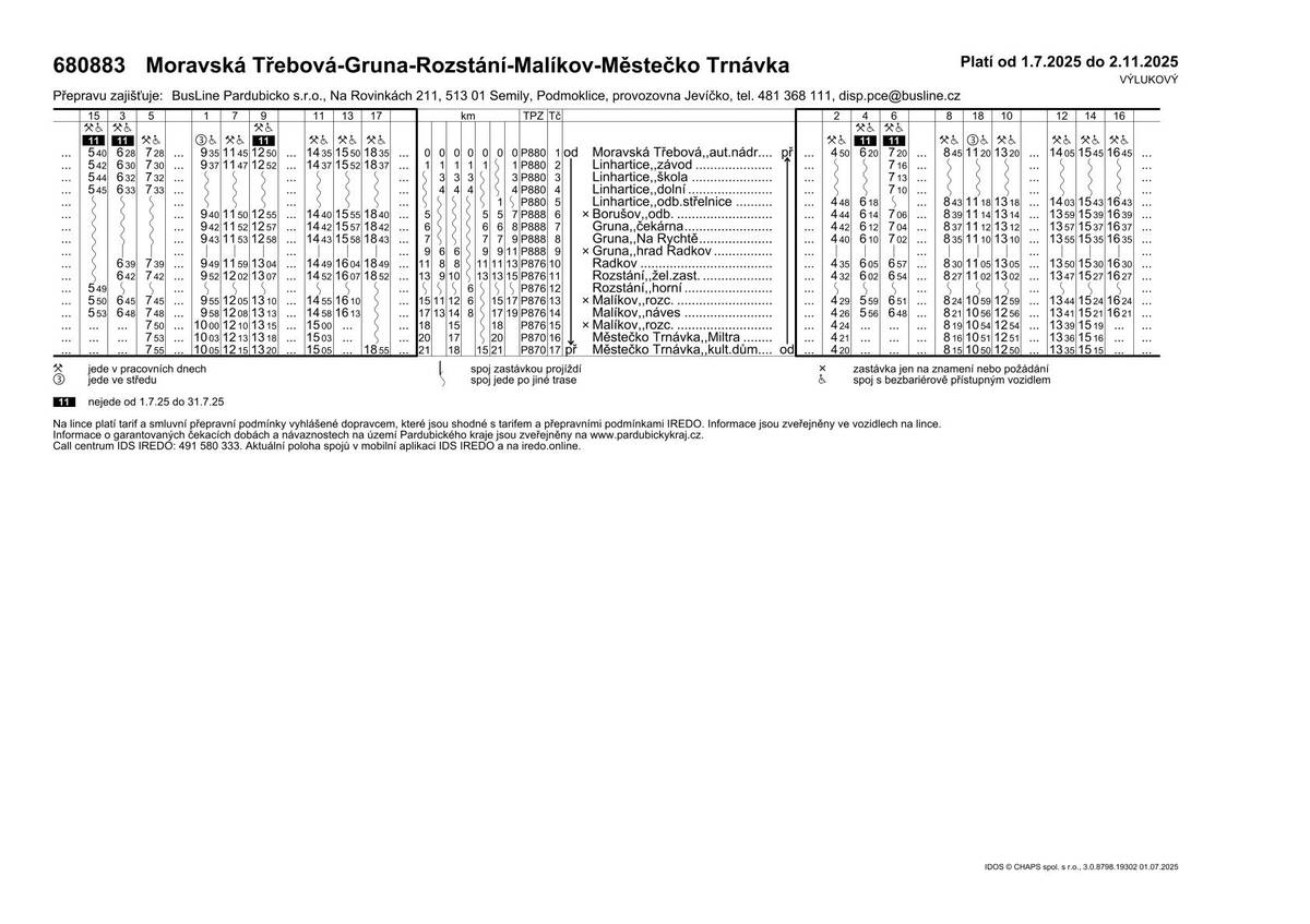Jízdní řád autobusové linky Moravská Třebová-Gruna-Rozstání-Městečko Trnávka a zpět nebude  v období 1.7. - 2.11.2025 zajíždět na zastávku Rozstání - horní.  Obslouženy budou zastávky Rozstání-žel.stanice a Malíkov, rozcestí.  Autobusová linka Svitavy-M. Třebová-Jevíčko a zpět  je beze změn.  Aktuální jízdní řády sledujet na stránkách IREDO. Odkaz:  Jízdní řády – IREDO