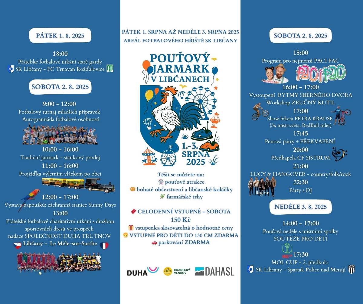 Obec Libčany zve na "Pouťový jarmark", ve dnech 1. - 3. srpna 2025. Bližší informace v přiloženém letáčku.