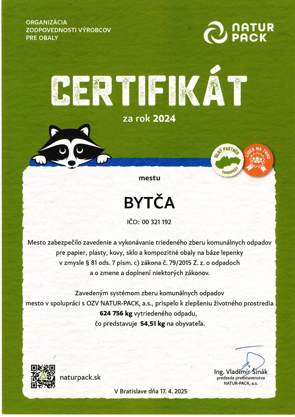 V roku 2024 sme spolu vytriedili 624 756 kg odpadu, čo predstavuje 54,51 kg na obyvateľa. ✅ Papier, plasty, kovy, sklo a kompozitné obaly - ďakujeme všetkým obyvateľom, ktorí triedia odpad z domácností 🌱