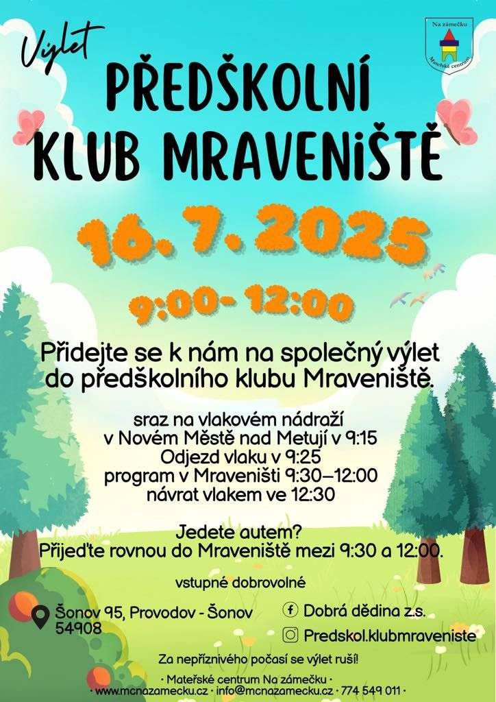 Vážení přátelé, přinášíme další prázdninové aktuality: 👉 pozvánku na výlet od místního klubu Mraveniště 👉 pozvánku do letní herny v MC Na Zámečku 👉 pozvánku na výlet do ekocentra v Dobrém 👉 informace z destinační společnosti Kladské pomezí 👉 informační nabídku na prodej drůběže Mějte hezké léto🌞. #obecprovodovsonov #aktuality