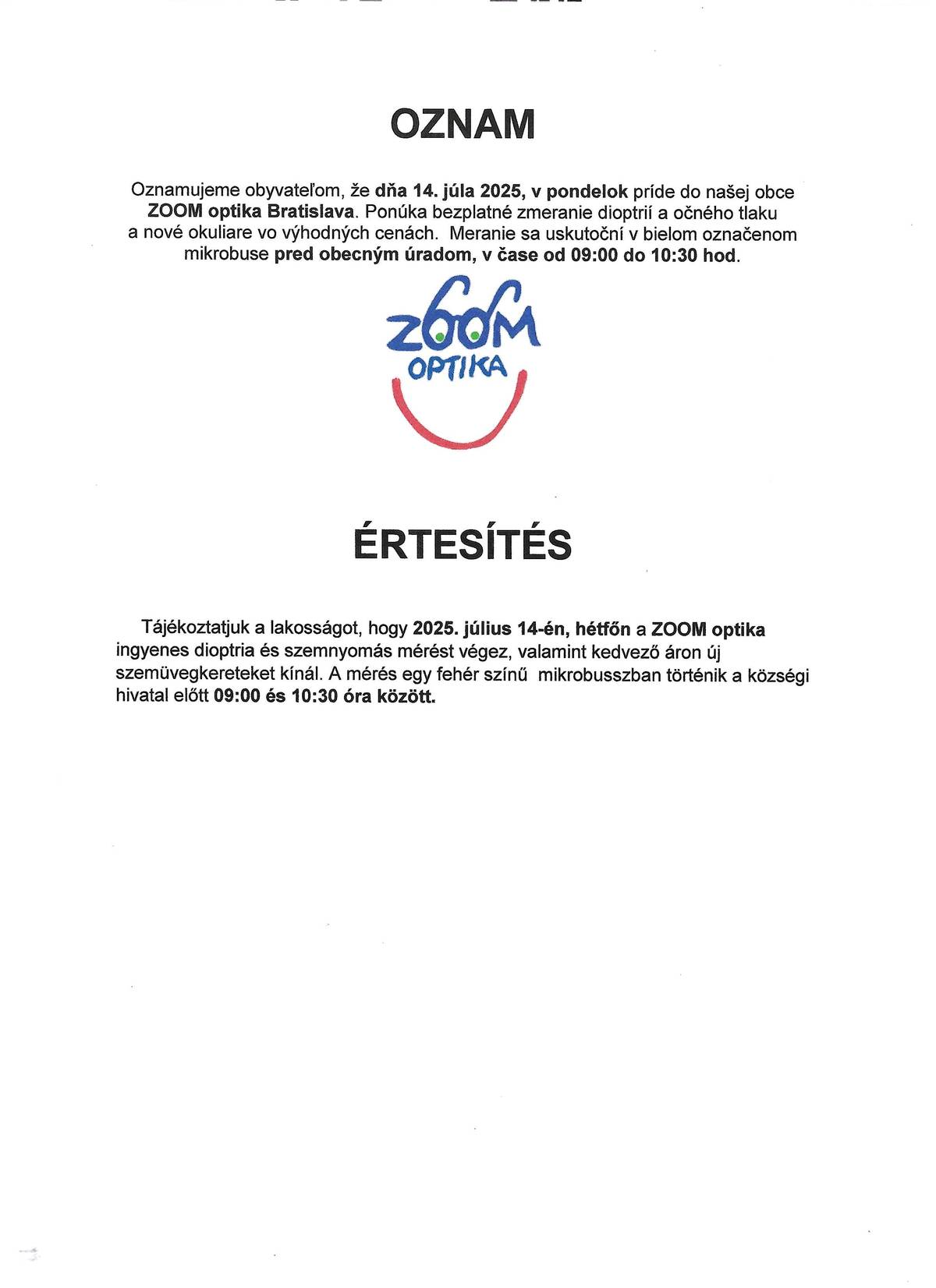 Oznam - Értesítés