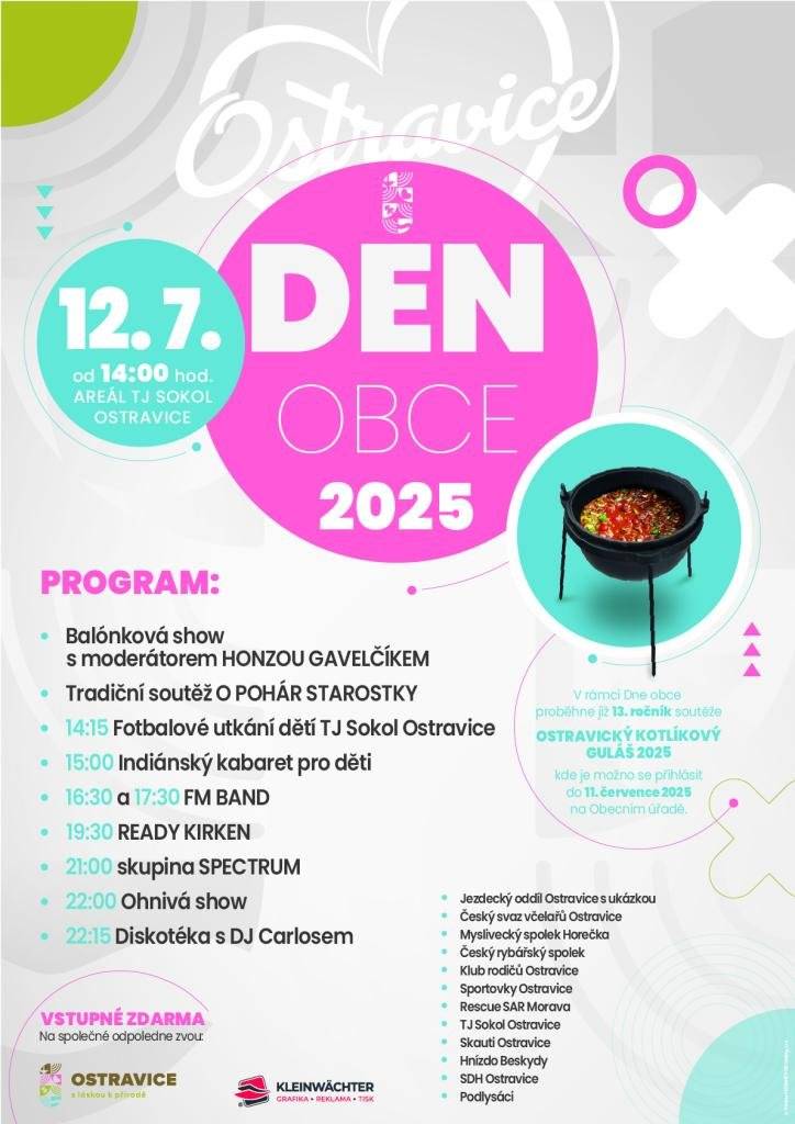 Vážení občané, zveme Vás na Den obce v sobotu 12.7. od 14 h na hřišti TJ Sokol Ostravice. Těšíme se na Vás!