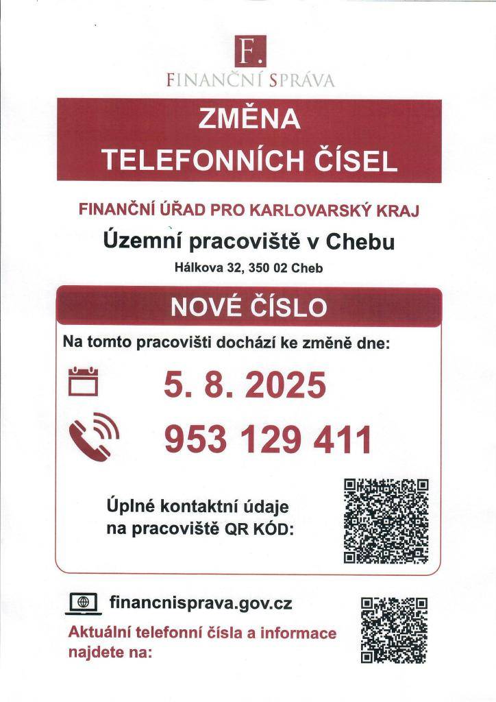 Finanční správa - změna telefonních čísel