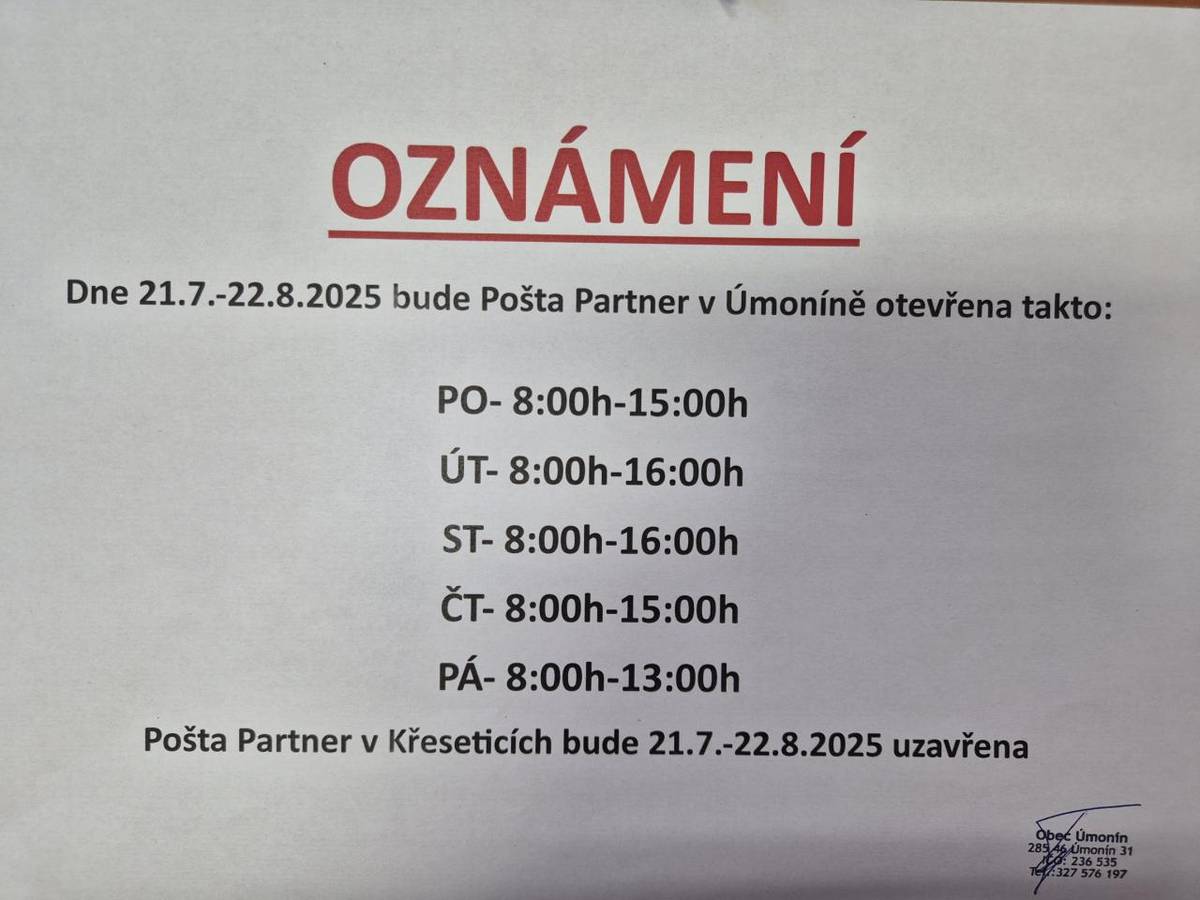 Změna otevírací doby Pošty Partner