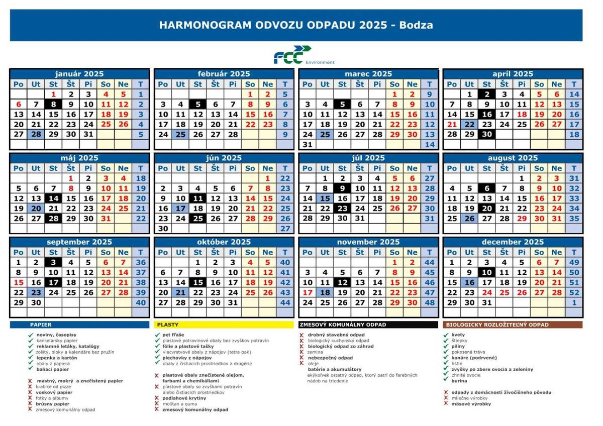Harmonogram odvozu odpadu 2025 - Bodza