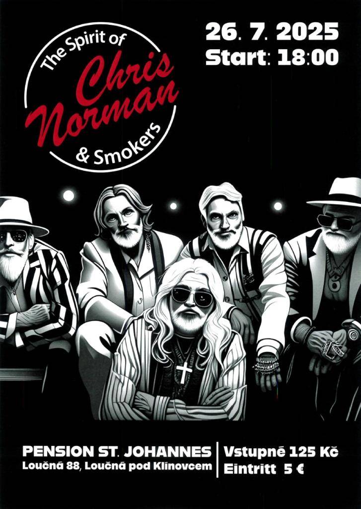 Pension St. Johannes zve na letní hudební večer s revivalovou kapelou The Spirit of Chris Norman & Smokers. Akce se koná v sobotu 26. července 2025 od 18:00 v Loučné pod Klínovcem.