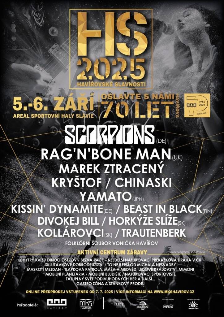 Buďte součástí historického okamžiku! Přijďte oslavit kulaté narozeniny města Havířova a bavte se s námi i tento rok na Havířovských slavnostech 2025! Havířovské slavnosti, tradiční projekt statutárního města Havířova, budou hlavní kulturně-společenskou událostí města k oslavám 70. výročí jeho založení. Můžete se těšit na nezapomenutelný zážitek multižánrové hudby a spoustu doprovodné zábavy ve dnech 5. a 6. září 2025 v areálu Sportovní haly Slávie v Havířově. Předprodej začal v pondělí 7. července, pořadatelem je Městské kulturní středisko Havířov. Zakoupit vstupenku a zjistit podrobnosti, včetně účinkujících a programu, můžete na webových stránkách www.mkshavirov.cz/havirovske-slavnosti-2025/.
