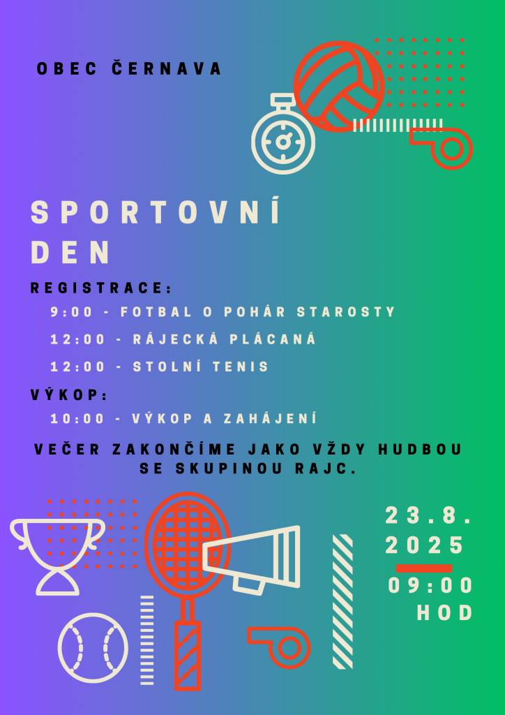 Ať už jste sportovní eso nebo jen rádi máváte pomponem z lavičky, tenhle den je právě pro vás! …aneb den, kdy se potíte se smíchem! 📍 Kde? Rájec. Kdy? 23. 8. 2025. Proč? Protože sport, smích a hudba dělají svět lepším místem. Přihlaste svůj tým, přibalte dobrou náladu… a nezapomeňte si sportovní ponožky, protože je to den, kdy se budou dít věci a dorazte si užít léto jinak než s nohama na stole! 🌟 Startovné je ZDARMA – takže žádné výmluvy, jen sportovní duch a kecky na nohy! A POZOR: každý účastník si kromě endorfinů odnese i drobnou odměnu – sice to nebude Ferrari, ale radost z pohybu se počítá. 💪 Sportem ke zdraví, zážitkem k radosti. ⚽ 9:00 – Registrace týmů na fotbal ⚽ 10:00 – Výkop turnaje o pohár starostky obce 🔥 Legenda praví, že kdo vyhraje, získá nejen pohár, ale i věčnou slávu v místní hospodě! 🏐 Do 12:00 – Registrace na rájeckou plácanou (volejbal) a stolní tenis 💥 Neplácáš, nehraješ! 🏓 Plácnutí, smeče a výměny, co budou rychlejší než ranní káva! 🎳 NOVINKA: Turnaj jednotlivců v ruských kuželkách! 🌪️ Přijď si zkusit srazit víc než jen kuželky – třeba překvapíš i sám sebe. 🍴 Občerstvení zajišťuje legendární duo Petra & Black – místní hospodští kouzelníci! 🌭 Z jejich kuchyně nevycházejí jen klobásy a pivo, ale i dobrá nálada. 🎵 Večer zakončíme hudební produkcí skupiny RAJC! 🎤 Tentokrát to bude víc o zpěvu než o tanci – takže si připravte hlasivky, ne podpatky!