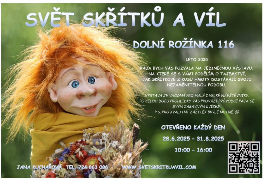 Otevřeno každý den od 10:00 do 16:00 až do 31. srpna 2025 v prostorách kulturního domu v Dolní Rožínce. Více info na www.svetskritkuavil.com.