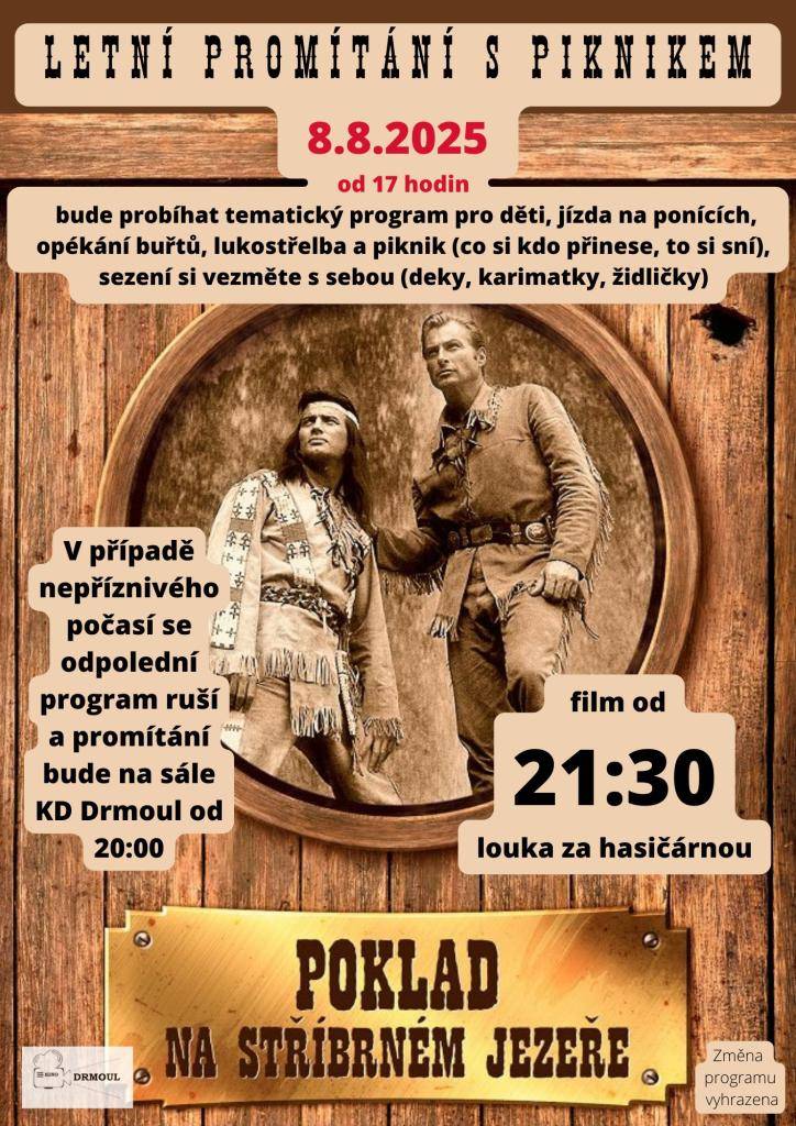 Letní promítání Kina Drmoul s piknikem si nenechte ujít v pátek 8. 8. 2025 od 17.00 hodin. Film se promítá od 21.30 hodin. Těšíme se na Vás!
