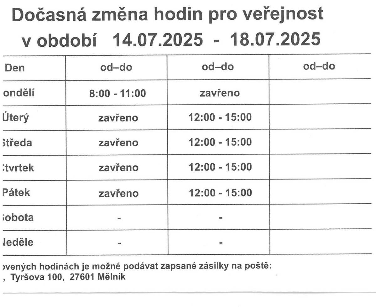 Pošta Kly oznamuje změnu provozní doby v týdnu 14.-14.7.2025