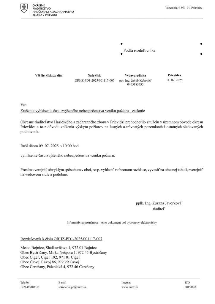 Čas zvýšeného nebezpečenstva vzniku požiaru - zrušenie