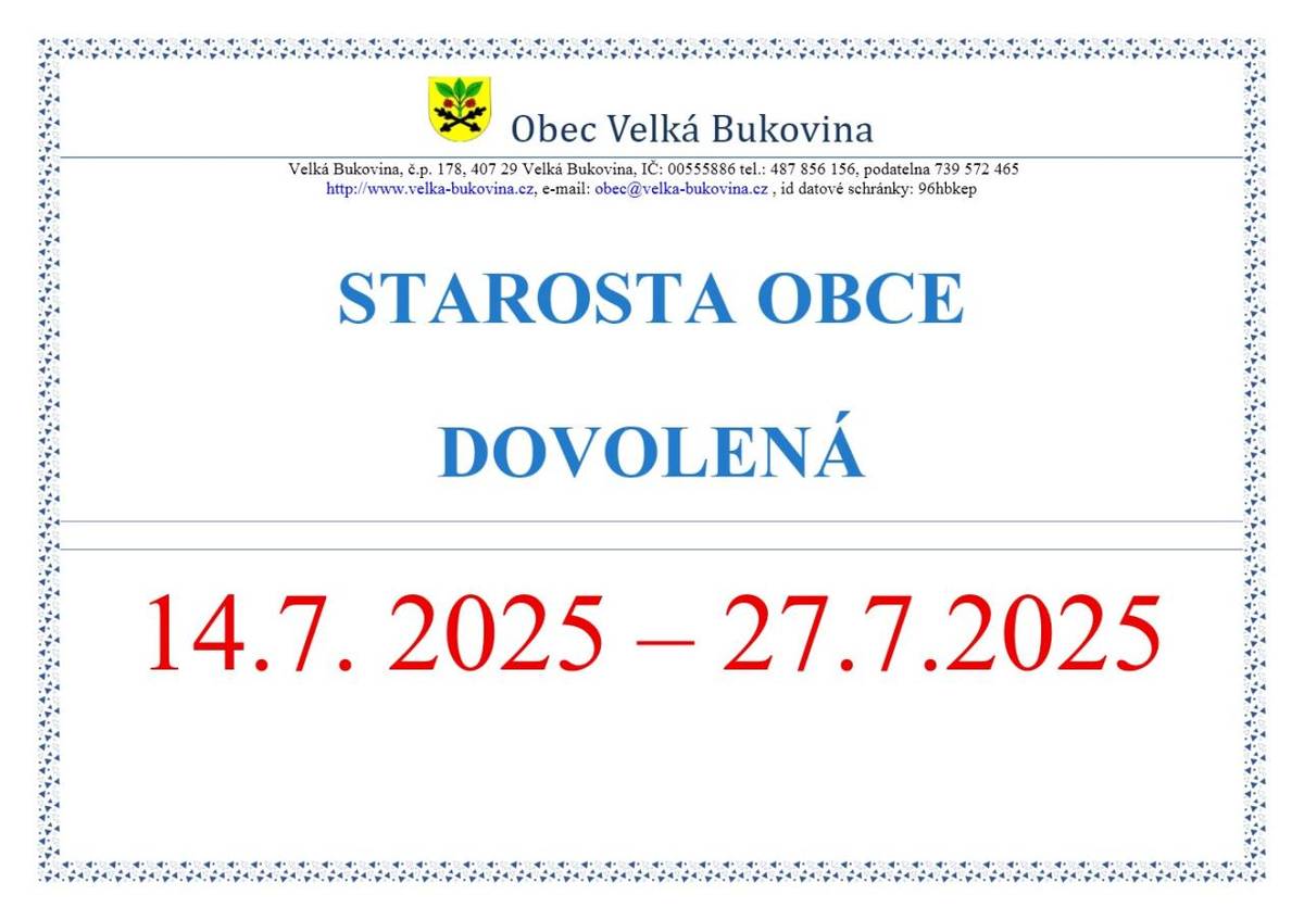 Starosta obce-dovolená 14.7.2025-27.7.2025