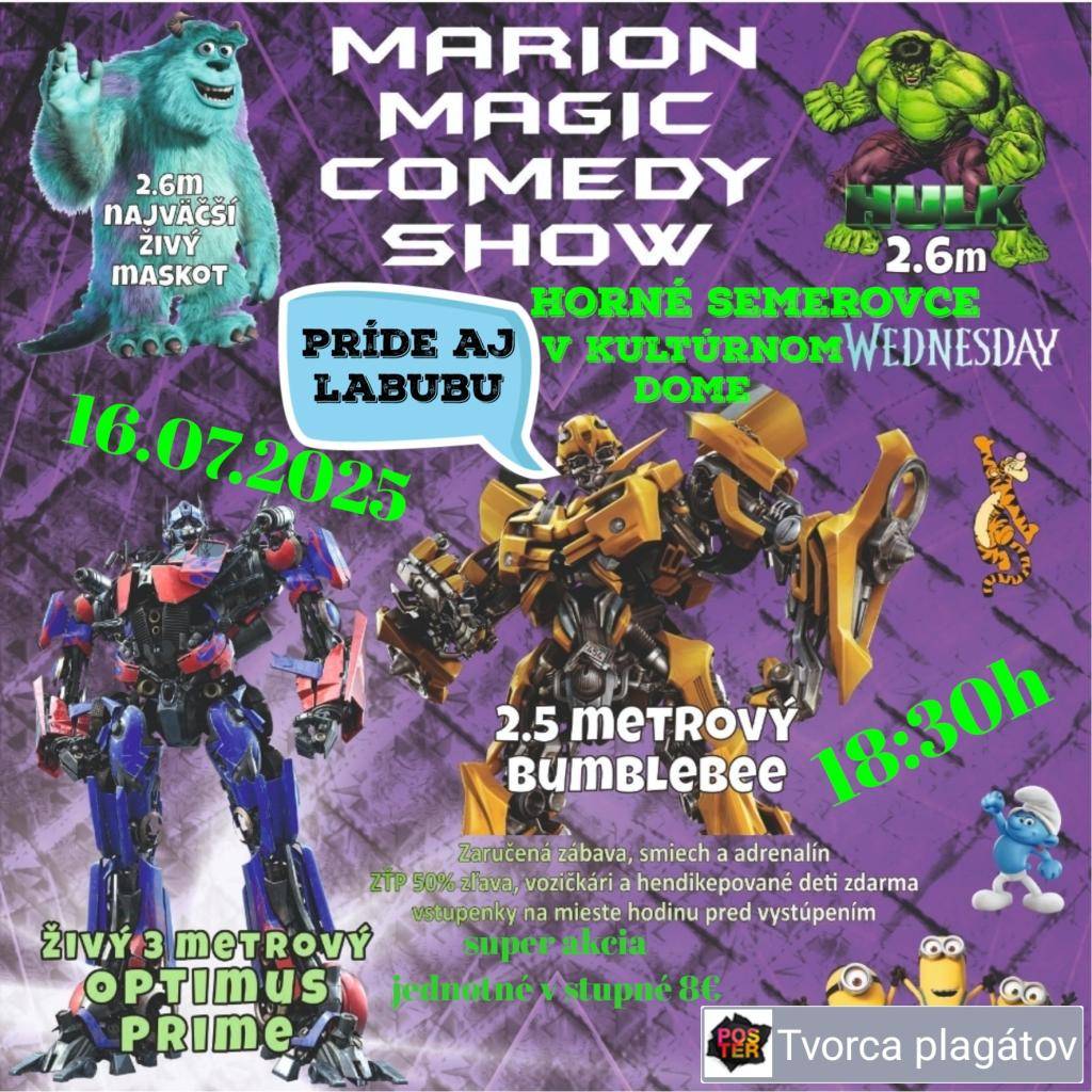 Marion Magic Comedy Show  Horné Semerovce miestny kultúrny dom 16.7.2025 (streda) o 18:30 hod.