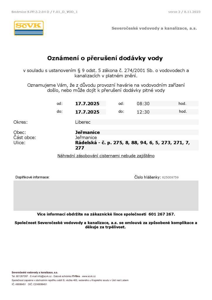 Informace o odstávce vody v ulici Rádelská