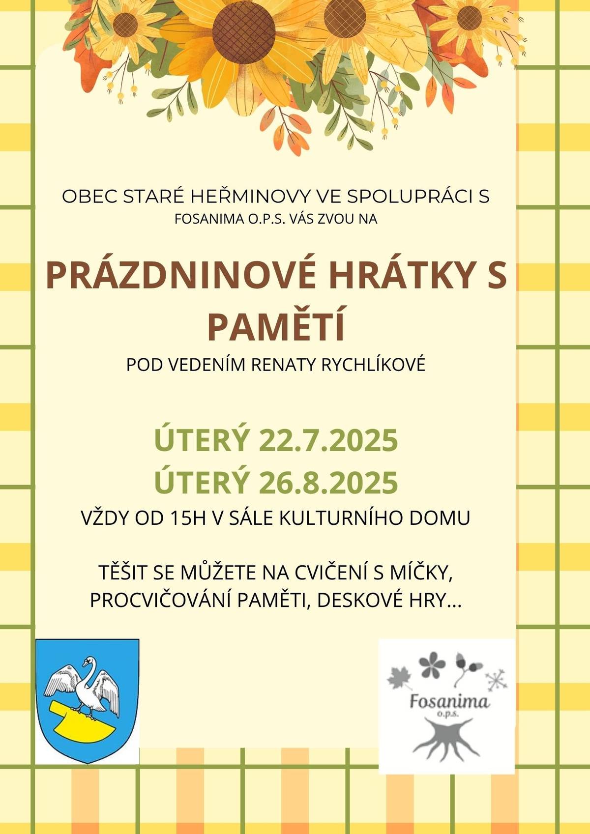 Pozvání na další praktické cvičení paměti, které se bude konat v úterý 22.7.2025 od 15 hod. v kulturním domě ve Starých Heřminovech.