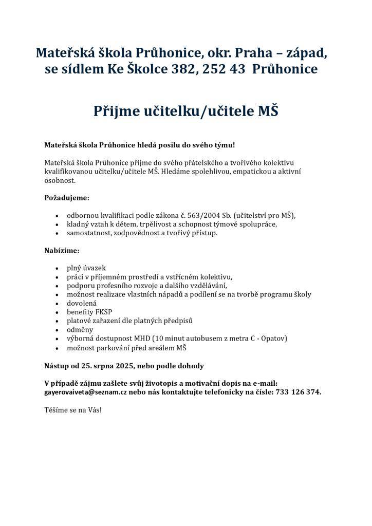 Mateřská škola Průhonice hledá posilu do svého kreativního týmu.