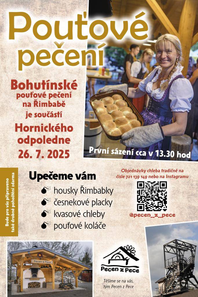 V sobotu o pouti během Hornického odpoledne vás libá vůně domácího pečiva z pece na Peci přivábí a jistě s radostí a obrovskou chutí si dáte nějakou dobrotu... Zveme vás tímto na další veřejné pečení na Řimbabu.