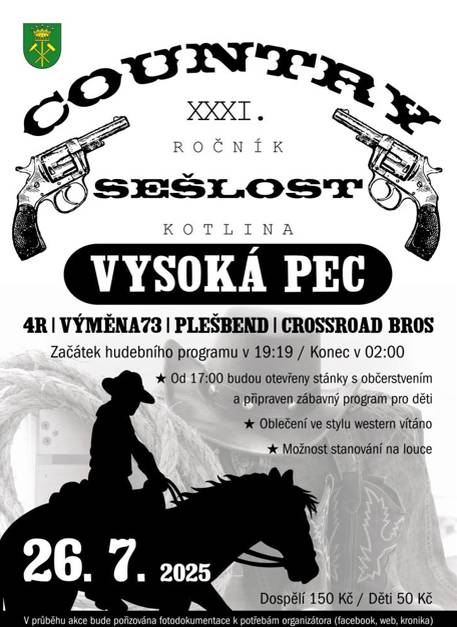 COUNTRY SEŠLOST - můžete se těšit na vystoupení kapel a bohatý program pro děti. Otevřené stánky s občerstvením budou k dispozici od 17:00.
