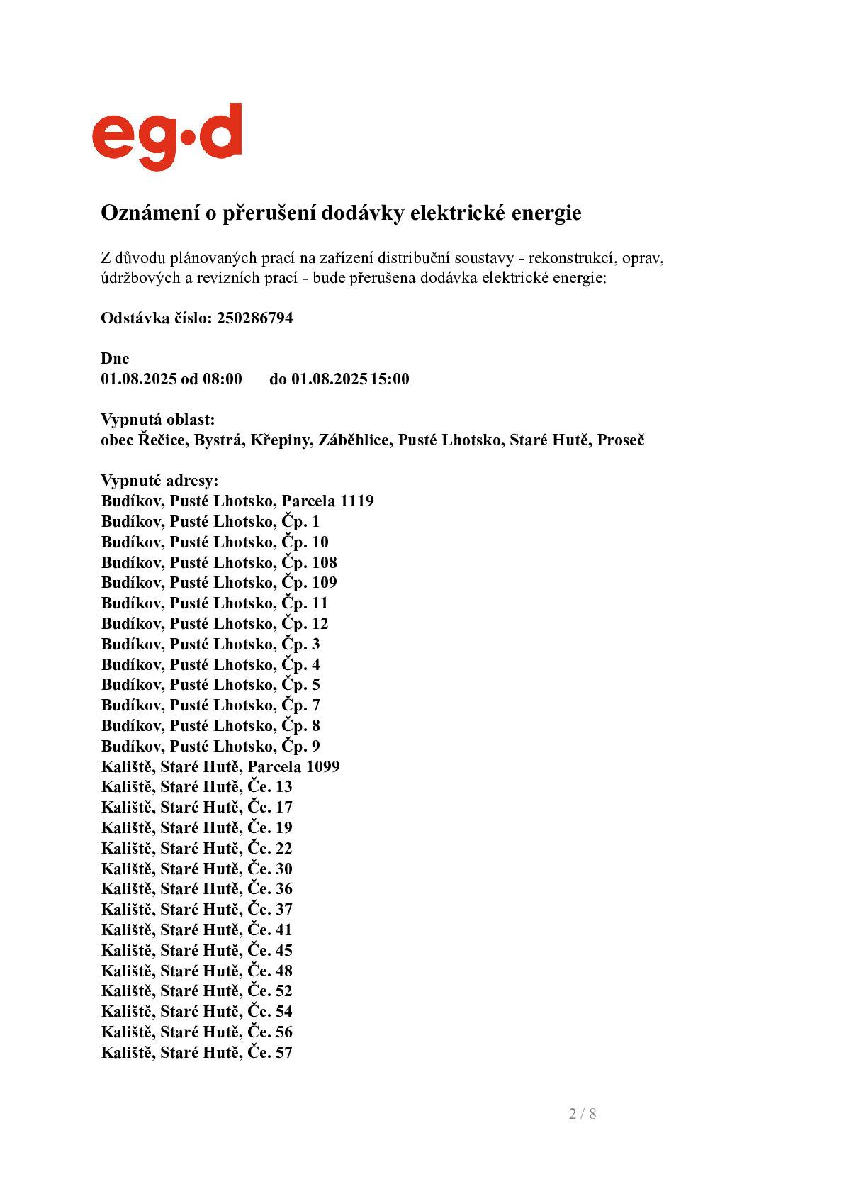 Oznámení o přerušení dodávky elektrické energie na Pustém Lhotsku dne 1.8.2025 od 8:00 - 15:00 hod. Starosta