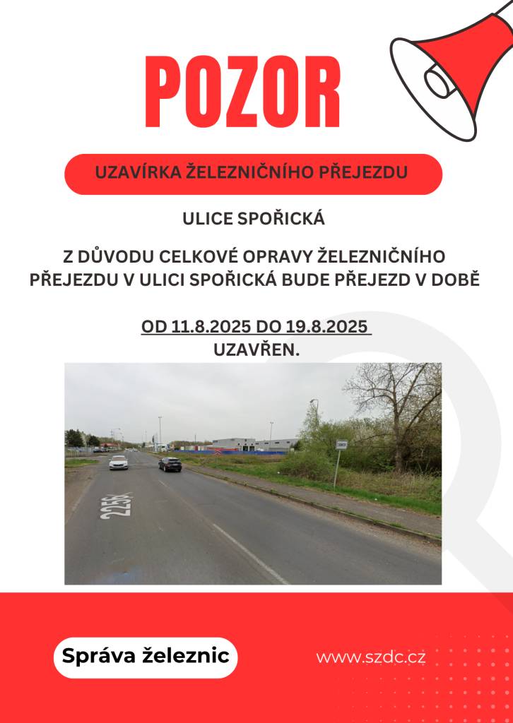 Termín uzavírky: v době od 7:00 hod. dne 11.8.2025 do 18:00 hod. dne 19.8.2025.  Důvod uzavírky: celková oprava přejezdu.  Doba trvání: 9 dní.  Správa železnic.