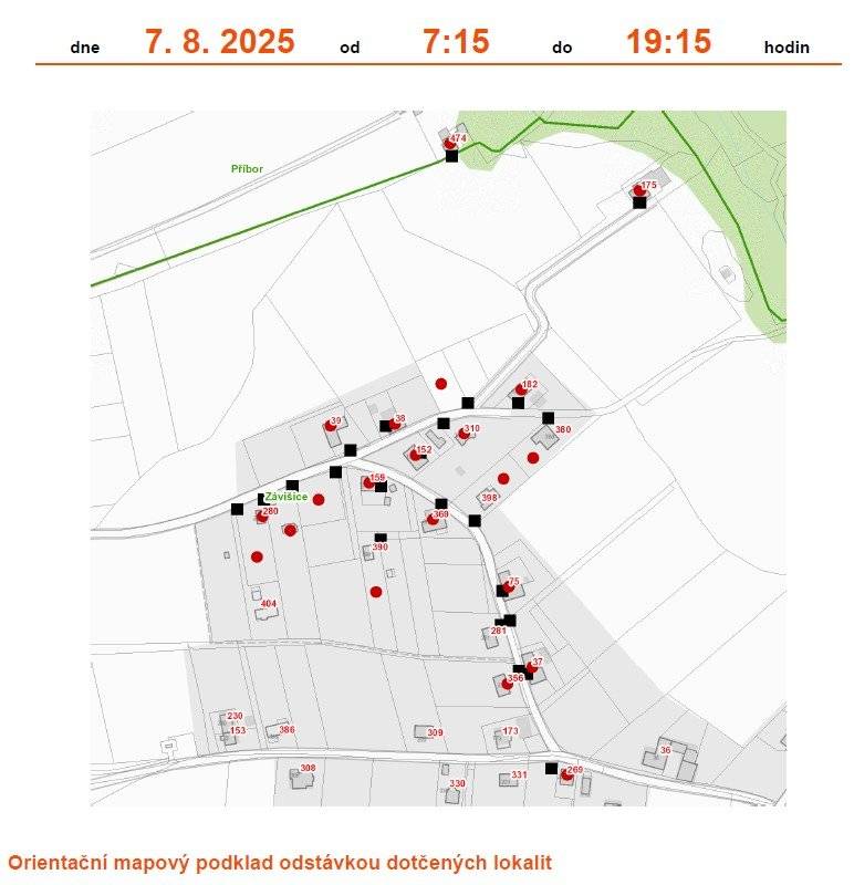 Dovolte, abychom Vás informovali o plánovaném přerušení dodávky elektrické energie v katastru Vaší obce dne 7. 8. 2025 od 7:15 do 19:15 v rozsahu uvedeném v příloze této zprávy (PASEKY) Jedná se o: č. p. 37, 38, 39, 75, 152, 159, 175, 182, 269, 280, 310, 356, 369 a parcelní č. 1070/1, 1071, 1080/8, 1080/16, 1090, 1132/1, 1132/5, 1148/24  Přerušení dodávky elektrické energie je nutné z důvodu plánovaných prací na distribuční soustavě, které jsou nezbytné pro zajištění bezpečných a spolehlivých dodávek elektřiny.