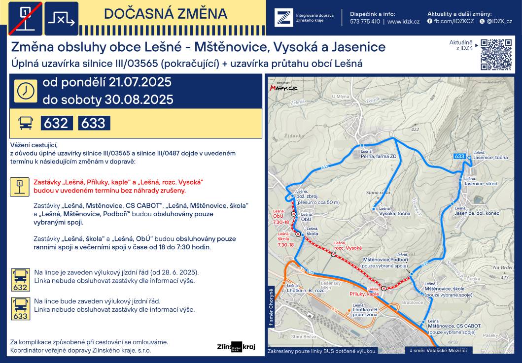 Změna obsluhy obce Lešná - Mštěnovice, Vysoká a Jasenice ve dnech 21.7. až 31.8.2025